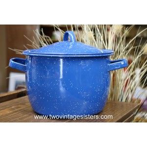 Blue White Enamelware 3 Qt Stock Pot Pan Lidded Camping Pot